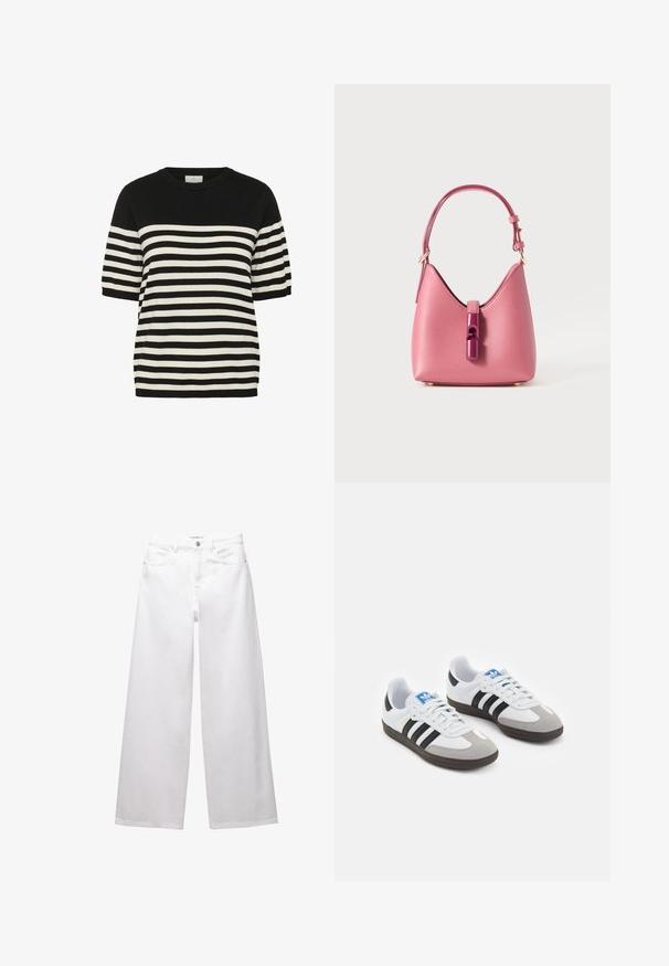 T-shirt a righe bianche e nere in maglia, con scollatura rotonda e maniche corte. Le righe orizzontali si alternano uniformemente, creando un design audace.; Jeans bianchi a gamba larga realizzati in denim. Presentano chiusura con bottone, tasche anteriori e posteriori, e cuciture rinforzate. Tessuto liscio con dettagli minimi.; Scarpe sportive con tomaia in pelle bianca, punta in suede grigia e tre strisce nere. Presentano un logo blu sulla linguetta e una suola in gomma testurizzata.; Borsa in pelle rosa con una forma strutturata, caratterizzata da una chiusura lucida e una sola tracolla regolabile. Finitura texturizzata con hardware dorato.