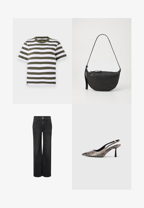 Zöld és fehér csíkos, rövid ujjú póló, kerek nyakkivágással, puha pamut anyagból készült. Egyenletes vízszintes csíkokkal rendelkezik.; Széles lábú fekete farmernadrág klasszikus ötpocket dizájnnal, elülső gombzárral és diszkrét varrási részletekkel.; Ívelt orrú slingback cipők, amelyek texturált kígyóbőr hatású anyagból készültek, karcsú fekete sarokkal és oldalsó kivágásos dizájnnal rendelkeznek.; Fekete bőr válltáska ívelt formával, egyetlen pánttal, cipzáros zárással és diszkrét varrásokkal a táska testén.