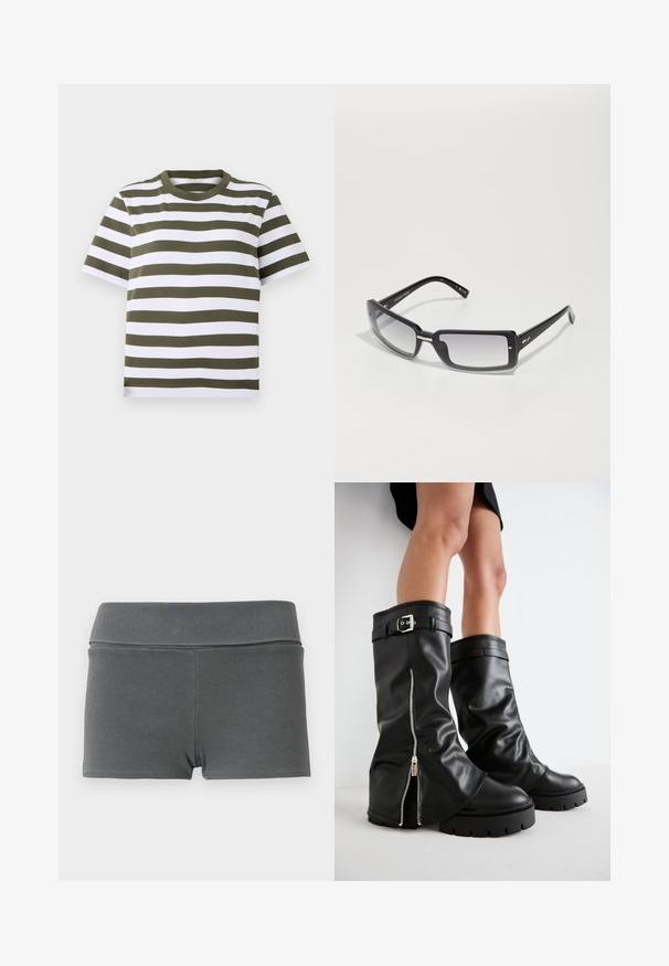 T-shirt a maniche corte a righe verdi e bianche con scollatura rotonda, realizzata in morbido cotone. Presenta righe orizzontali uniformi.; Shorts in tessuto a coste grigio scuro con vita alta. Presentano un design aderente, una texture liscia e nessun hardware o decorazione visibile.; Stivali alti neri in pelle con alti fianchi, dotati di cerniera laterale e accentuato con fibbia, finitura testurizzata e suola in gomma spessa.; Occhiali da sole rettangolari neri con lenti sfumate, dotati di un ampio telaio e dettagli in metallo sugli steli. Texture liscia su tutta la superficie.