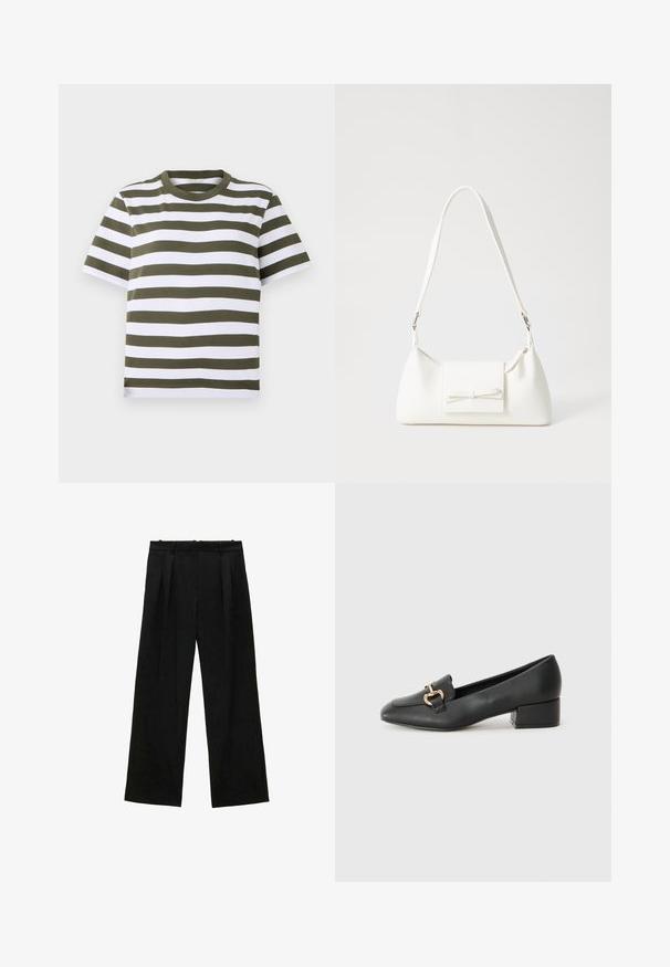 Zeleni in beli prugasti kratkotrajni majica s kratkimi rokavi in okroglo ovratnikom, izdelana iz mehkega bombažnega materiala. Ima enakomerne vodoravne črte.; Črne široke hlače z naborki, ki imajo gladko teksturo in visok pas. Minimalističen slog, brez vidne opreme ali okrasnih elementov.; Črne usnjene loafersice s ravnim petkom, ki imajo dekorativen zlat detajl spredaj in gladko teksturo.; Bela sintetična torbica v obliki trikotnika, z ravnim sprednjim poklopcem in detajlom mašne, nastavljivim trakom, gladko teksturo in minimalističnim dizajnom.