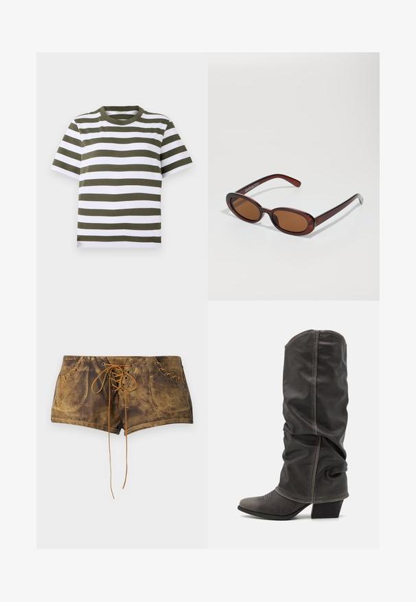 Roheline ja valge triibuline lühikeste varrukatega T-särk ümmarguse kaelusega, valmistatud pehmest puuvillakangast. Omab ühtlasi horisontaalseid triipse.; Pruunid pitsitavad lühikesed püksid tekstuurse pinnaga ja kontrastsete tan värvi paeltega. Omab silmadega detaile ja sobivat disaini, mis tagab mugava istuvuse.; Hallid hall nahk-saapad, mis ulatuvad säärtesse ja millel on lohkuv disain, terav nina ja kihiline konts. Tähelepanuväärne õmblemise detail varvaste piirkonnas.; Ümar, pruunikased päikeseprillid läikiva burgundia raami ja peente kaubamärgi detailidega. Peened sangad ja lame läätsedesain.; Musta käärmeprindiga kott kõveraga käepidemega. Valmistatud tekstiilsetest, beežidest ja pruunidest materjalidest, millel on iseloomulik rombikujuline muster.