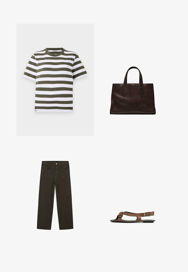 Green and white striped short-sleeve T-shirt with a round neckline, made of soft cotton fabric. Features even horizontal stripes.; Dark green wide-leg jeans made of cotton blend, featuring a front button closure, five pockets, and classic denim stitching.; Brown leather sandal with an open toe and side cutouts. Features an ankle strap with a metal buckle and a flat sole.; Brown leather tote bag with two elongated handles, structured rectangular shape, smooth texture, and subtle stitching details.
