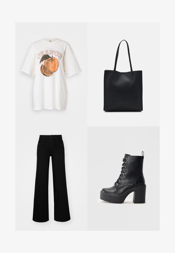 Fehér pamut póló, nagy narancssárga grafikával, amelyen egy szelet és egy zöld levél látható. A design felett "Vand ORANGE" felirat őszibarack és fekete színnel.; Fekete, bő szárú farmernadrág, amelynek állítható derékrésze van, övhurkokkal és elülső zsebekkel. Simaság jellemzi, klasszikus dizájnnal.; Fekete bőr bokacsizma vastag blokk sarkkal, fűzős elejével és texturált felületével. Hátul található egy fülecske, ami megkönnyíti a felhúzást.; Fekete bőrtáska sima felszínnel, téglalap alakú, két hosszú füllel. Nincs látható fémkiegészítő vagy díszítés.
