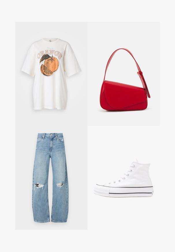 T-shirt bianca in cotone con una grande grafica arancione raffigurante una fetta e una foglia verde. Testo "Vand ORANGE" in stampa pesca e nera sopra il design.; Jeans azzurri chiari a vita alta realizzati in denim. Presentano gambe larghe, due aree strappate sulle ginocchia e il classico styling a cinque tasche.; Sneaker alta in tela bianca con suola in gomma nera, punta in gomma frontale e sei asole per i lacci, caratterizzata da un design pulito e minimalista.; Borsa a tracolla in pelle rossa con un design angolare e geometrico. Presenta una singola tracolla regolabile e una chiusura a patta con dettagli cuciti.