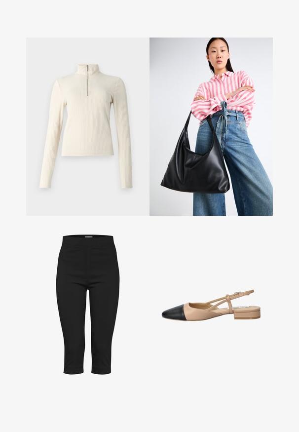 Kerman kuvioitu pullover, jossa on pitkät hihat ja korkea kaula. Etuosassa on neljänneksen vetoketju ja istuva malli. Yksinkertainen rakenne.; Mustat capri-housut joustavasta kankaasta. Ominaisuuksiin kuuluvat vartalonmyötäinen vyötärö, sivutaskut ja lyhyt pituus, jossa on sileä pinta.; Beige ja must kahetooniline nailonking, millel on terav nina, lame kand ja risti minev rihma detail. Sile nahk.; Mustassa nahka olkalaukussa on rento muoto ja sauman yksityiskohtia. Malli on pukeutunut vaaleanpunaisiin ja valkoisiin raidallisiin paitoihin sekä leveälahkeisiin sinisiin farkkuihin.