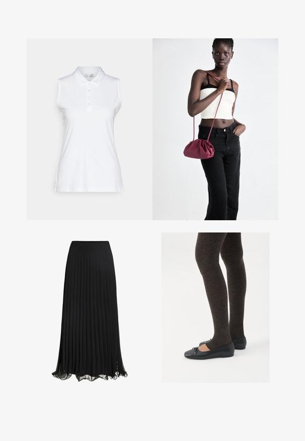 Bílý bezrukávový polo top z hladké látky, s klasickým límečkem, pěti knoflíkovým zapínáním a bočními rozparky pro snadný pohyb.; Bílý tričko s krátkým rukávem a V-výstřihem, zdobené jemným krajkovým lemem kolem výstřihu a okrajů rukávů, vyrobené z lehkého materiálu.; Černá plisovaná maxi sukně vyrobená z lehkého materiálu s volným designem. Disponuje volánkovým lemem a elastickým pasem pro pohodlí.; Černé ploché boty s malou mašlí na špičce, kombinované s tmavě hnědými žebrovanými punčochami. Boty mají hladký povrch a nízký profil.; Burgundská měkká taška s nabíraným designem a dlouhým popruhem, nošená přes tělo. Model má na sobě bílý crop top a černé džíny.
