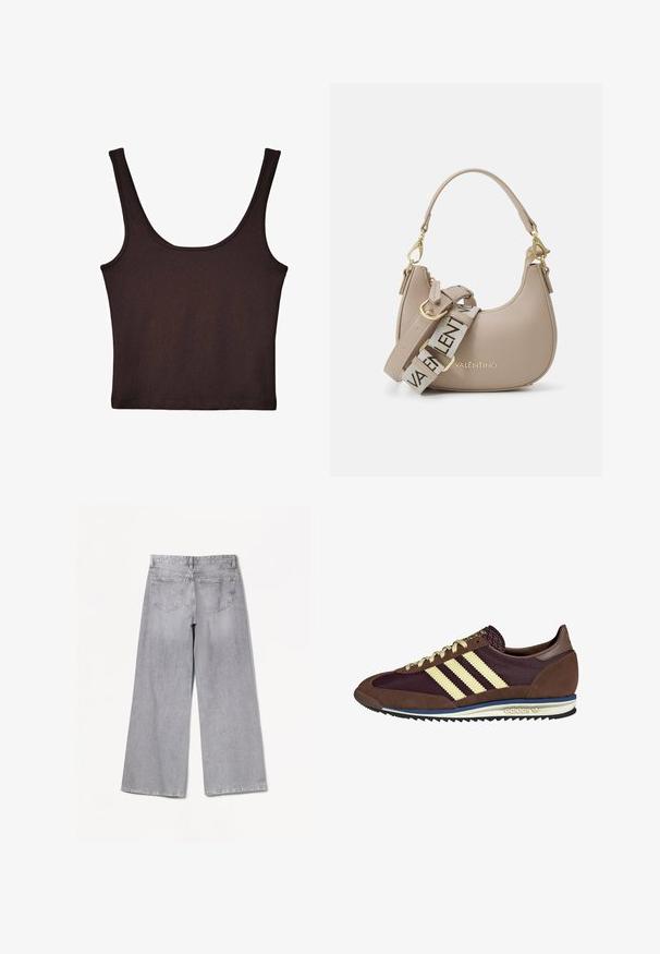 Donkerbruin geribd tanktop met brede schouderbanden en een aansluitend ontwerp. De stof is zacht met een gladde textuur en een cropped lengte.; Bershka WIDE-LEG - Wide leg - grey; Bruine en bordeauxkleurige sneaker van suede en mesh materiaal, met drie crèmekleurige strepen, een gemêleerd stof op de tong en een rubberen zool.; Beige leren handtas met een gebogen ontwerp, voorzien van een goudkleurig logo en een verstelbare band met een herhalende merknaam.