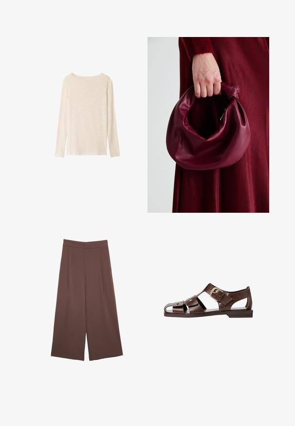 Długi rękaw w jasnym beżu. Miękki, teksturowany materiał z szerokim dekoltem i prostym, luźnym krojem. Brak widocznych wzorów lub ozdób.; Brązowe spodnie o szerokich nogawkach z gładką fakturą, z wysokim stanem i plisami z przodu. Materiał jest lekki i luźno opada.; Brązowe skórzane sandały z wycięciami, regulowanym zapięciem po boku i płaską podeszwą, z metalowymi akcentami i otwartym noskiem.; Bordowa skórzana torebka o miękkim, marszczonym wyglądzie i zaokrąglonym kształcie. Uchwyt jest zabezpieczony, co podkreśla gładką fakturę.