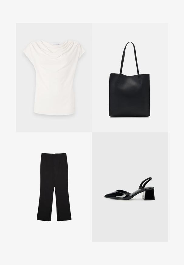 Bijela majica kratkih rukava s drapiranim dekolteom i glatkom teksturom tkanine. Jednostavan, prilagođen dizajn bez vidljivih uzoraka ili naglasaka.; Crne hlače ravnog kroja, s prednjim džepovima i bočnim prorezima na rubu. Izrađene od mekog i glatkog materijala. Pogodne za razne prigode.; Crne lakirane kožne sandale s otvorenom petom i špicastim vrhom, s geometrijskom blok petom. Imaju elegantan, minimalistički dizajn i glatku teksturu.; Crna kožna torba za nošenje s glatkom teksturom, pravokutnim oblikom i dvije duge ručke. Nema vidljivih metalnih dijelova ili ukrasa.