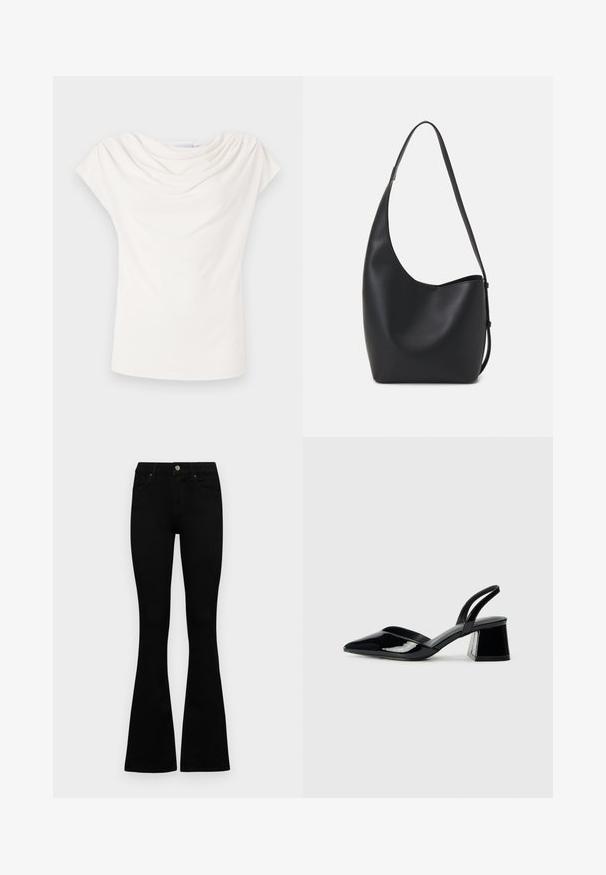Haut blanc à manches courtes avec un décolleté drapé et une texture de tissu lisse. Design simple et ajusté sans motifs ni accents visibles.; Jean noir évasé en denim. Comprend une fermeture à bouton, cinq poches et une texture lisse. La jambe évasée commence sous le genou.; Escarpins en cuir verni noir avec bout pointu et talon bloc géométrique. Présente un design élégant et minimaliste ainsi qu'une texture lisse.; Sac hobo en cuir noir avec une texture lisse, une forme incurvée et une seule sangle réglable ; dispose d'une large ouverture en haut.
