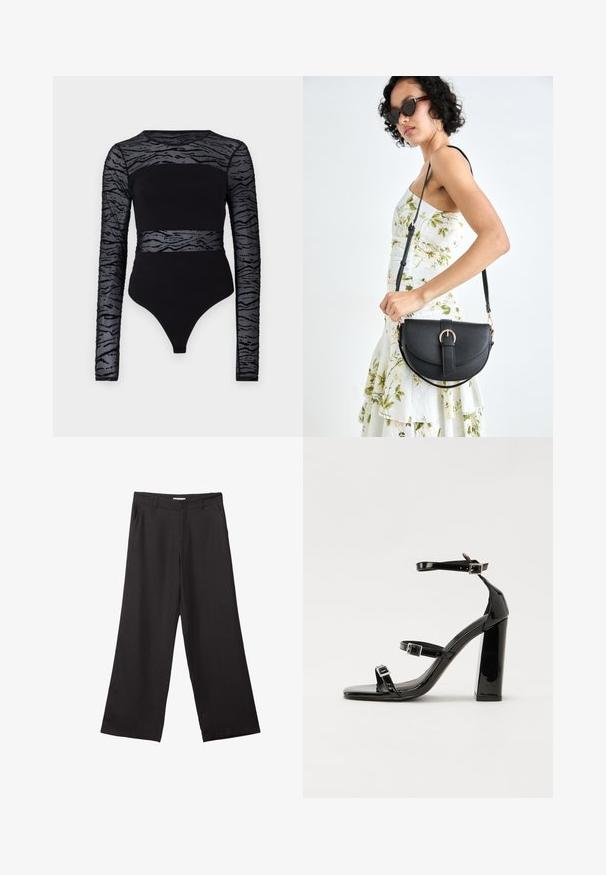 Čierny body s dlhými priehľadnými rukávmi s textúrovaným tiger vzorom a priliehavým pevným čiernym telom s nohavičkami vo forme tang.; Čierne široké nohavice vyrobené z hladkej tkaniny, so zipsom vpredu a dvoma bočnými vreckami, s prispôsobeným strihom a minimalistickým dizajnom.; Čierne lakované sandále na podpätku so štvorcovou špičkou, navlečenými remienkami okolo členku a striebornými prackami. Disponujú masívnym blokovým podpätkom pre stabilitu.; Čierna kožená kabelka s zaobleným tvarom, odnímateľným popruhom a zlatými doplnkami. Kabelka má klopu s detailom s prackou.