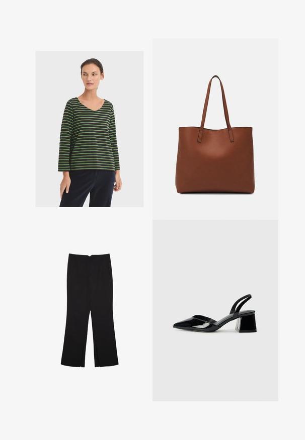 Gestreifter Langarm-Oberteil mit grünen und navy blauen Linien aus einem weichen Stoff, mit weitem Ausschnitt und lockerer Passform. Kombiniert mit navy blauen Cordhosen.; Schwarze Hose mit geradem Schnitt, ausgestattet mit Fronttaschen und Seitenschlitzen am Saum. Hergestellt aus weichem, glattem Stoff. Geeignet für verschiedene Anlässe.; Schwarze Lackleder-Slingback-High Heels mit spitzem Schuh und einem geometrischen Blockabsatz. Verfügt über ein schlankes, minimalistisches Design und eine glatte Textur.; Braune Leder-Tote mit glatter Textur, offenem Oberteil und zwei Schulterriemen. Verfügt über minimale Nähte und keine sichtbaren Beschläge.