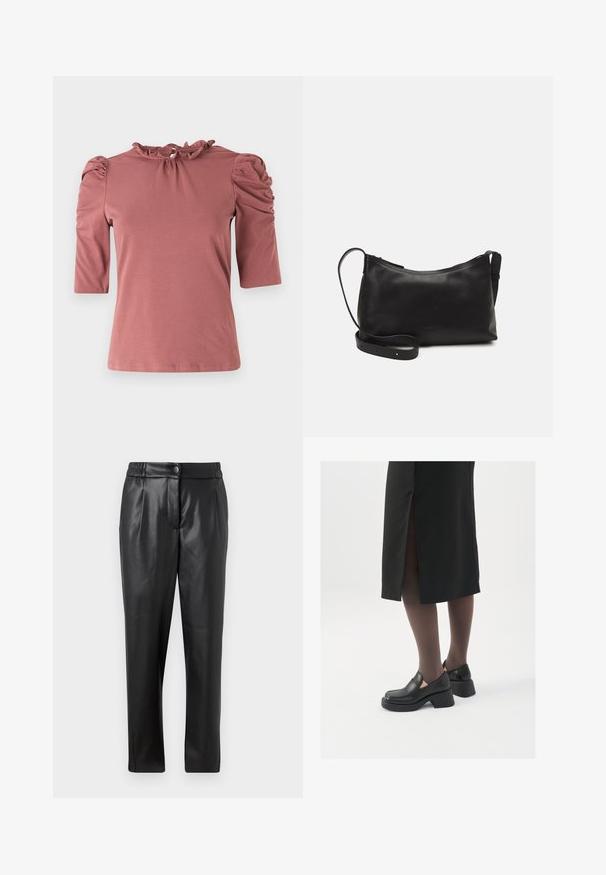 Rose pink, short-sleeve top with a gathered neckline and puffed shoulders. Made of smooth fabric with a fitted silhouette.; Black leather pants with a smooth texture, straight fit, elastic waistband, and a front button closure; pleated detailing and tapered legs.; Black leather shoes with a rounded toe, thick block heel, and elastic side accents, paired with dark tights and a black skirt with a slit.; Black leather shoulder bag with a smooth texture, curved shape, adjustable strap, and a zip closure. Minimalist design without embellishments.