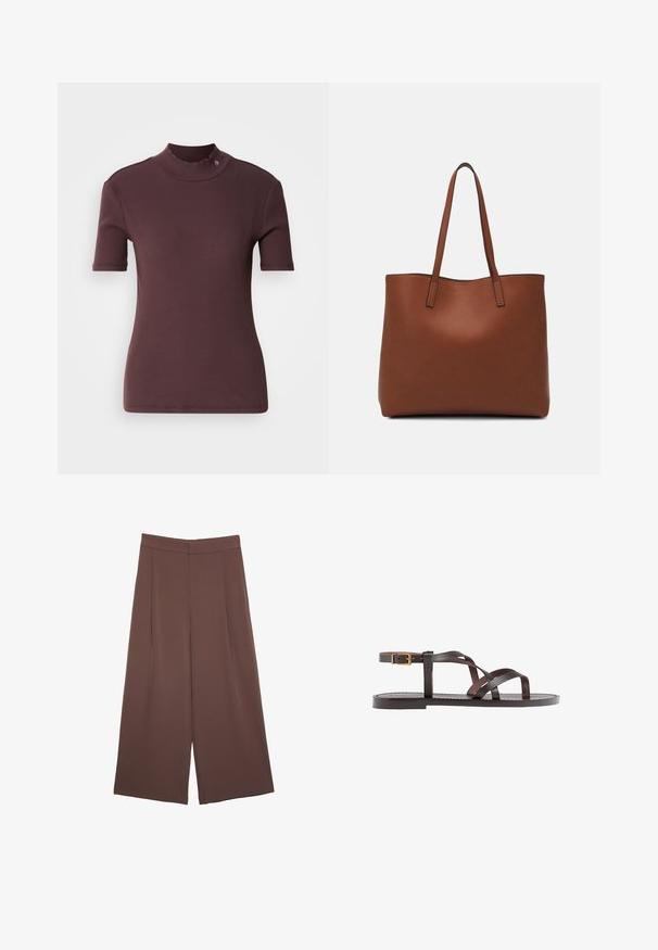 Burgundska rebrasta majica s kratkimi rokavi in visokim ovratnikom, gladko teksturo in subtilno logotipno podrobnostjo na ovratniku.; Rjave široke hlače z gladko teksturo, ki imajo visok pas in sprednje naborke. Tkanina je lahka in prosto pada.; Rjav usnjen sandal z načinom prečnega črta, zaklepom okoli gležnja in ravnim podplatom z minimalnimi šivi.; Rjava usnjena torba z gladko teksturo, odprto zasnovo zgoraj in dvema naramnima trakovoma. Opremljena je z minimalnim šivanjem in brez vidnih kovinskih delov.