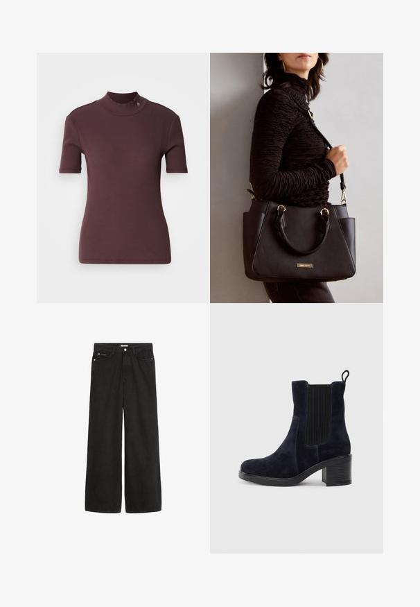 Bordeauxfarbene, gerippte Kurzarmbluse mit hohem Kragen, glatter Textur und einem dezenten Logo-Detail am Kragen.; Schwarz denim Weitbein-Hose mit hoher Taille. Verfügt über fünf Taschen, Metallbeschläge und eine saubere Verarbeitung. Die Textur ist glatt und weich.; Schnürstiefelette aus dunkelblauem Wildleder mit elastischem Seitenpanel, runder Spitze und Blockabsatz. Das strukturierte Material und die glatte Sohle sorgen für Kontrast.; Schwarze Handtasche mit strukturierten Oberflächen, doppelten Obergriffen und verstellbarem Schultergurt. Mit goldfarbener Hardware und Seitentaschen.