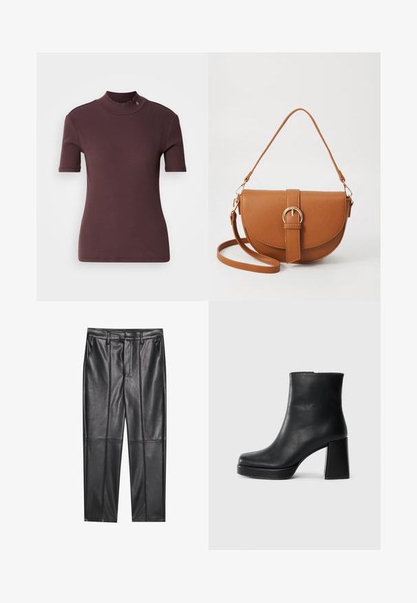 Top de manga corta de canalé burdeos con cuello alto, textura suave y un sutil detalle de logo en el cuello.; Pantalones de cuero negros con una textura suave, con un corte recto, dos bolsillos frontales y detalles de costura visibles.; Botín de cuero negro con tacón cuadrado y suela de plataforma, visto de lado sobre un fondo blanco liso.; Bolso bandolera de cuero marrón con forma curvada, herrajes dorados y un acento de hebilla. Incluye una correa de hombro desmontable.