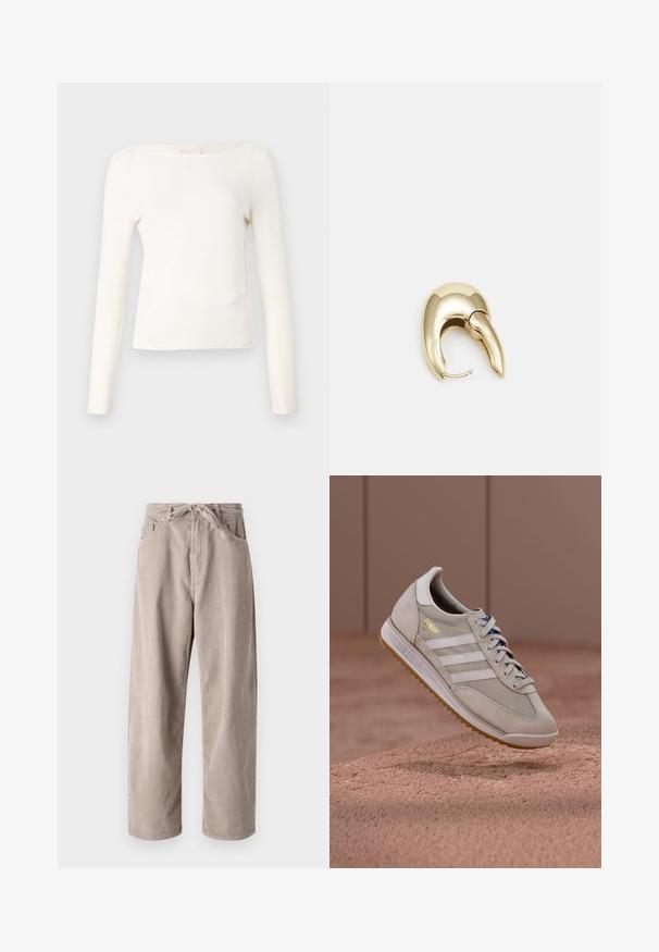 T-shirt à manches longues en crème clair, avec un col bateau, un design ajusté et une texture tricot lisse. Coutures minimales et aucun motif visible.; Pantalons en velours côtelé beige à coupe ample, dotés d'une taille à cordon, de deux poches avant et d'une texture côtelée verticale.; Baskets beiges avec tige en daim et mesh, trois bandes blanches, semelle en caoutchouc gomme, lacets bleus, et logo accent doré. Design rétro classique.; Boucle d'oreille en métal doré avec un design élégant et courbé. Présente une forme conique distinctive, une surface polie et une fermeture à charnière.