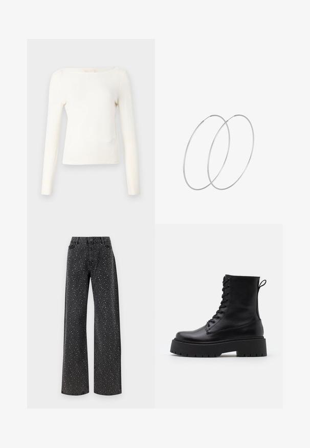 Long-sleeve top in light cream, featuring a boat neckline, fitted design, and smooth knit texture. Minimal seams and no visible patterns.; Noisy May NMJANNEL LOOSE - Relaxed fit jeans - black denim; Black leather ankle boots with a round toe, lace-up front, and a thick rubber sole featuring a textured tread. Pull tab at the back.; Silver hoop earrings with a minimalist design. Circular shape, smooth texture, and thin profile. Lightweight with a polished finish.