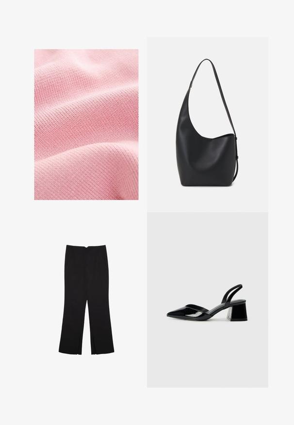 Tessuto rosa soft con una texture a coste, caratterizzato da sottili linee intrecciate che creano un motivo uniforme sulla superficie.; Pantaloni neri a gamba dritta, con tasche frontali e spacchi laterali all'orlo. Realizzati in tessuto morbido e liscio. Adatti a diverse occasioni.; Décolleté in vernice nera con punta affusolata e tacco in geometria cubica. Presentano un design elegante e minimalista, con una texture liscia.; Borsa hobo nera in pelle con una superficie liscia, forma curvata e una singola tracolla regolabile; presenta un'ampia apertura nella parte superiore.