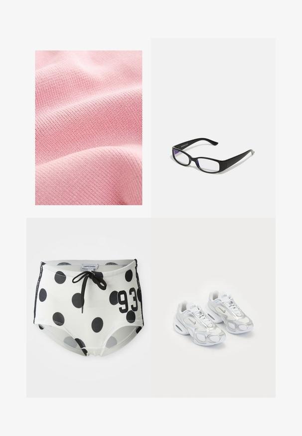 Mehka roza tkanina z rebrastim teksturo, ki ima ozke tkanine črte, ki ustvarjajo dosledno vzorčenje po površini.; Plavate hlače črne in bele barve s pikami, z elastičnim pasom na vrvico, ki na sprednji strani nosijo številko "93" in so izdelane iz gladkega, raztegljivega materiala.; Bela športna obutev z mrežasto zgornjim delom in srebrnimi detajli, edinstveno obliko in zračno blazinico v peti. Zvezen dizajn z logotipom.; Črne pravokotne očala z prozornimi lečami. Sijajna površina, ožje ročke in vijolična barva, vidna na robovih leč.