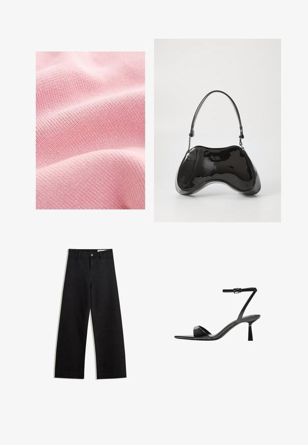 Měkká růžová látka s jemnou strukturou, která má úzké tkané linie vytvářející jednotný vzor po celém povrchu.; Černé denimové kalhoty s volným střihem a vysokým pasem, vybavené předními a zadními kapsami, prošívanými švy a knoflíkovým zapínáním. Hladká textura.; Bershka Sandály na vysokém podpatku - black; Černá lakovaná kožená kabelka s unikátním zakřiveným tvarem, krátkým nastavitelným uchem a zipovým uzávěrem. Hladký povrch s jemným brandingem.