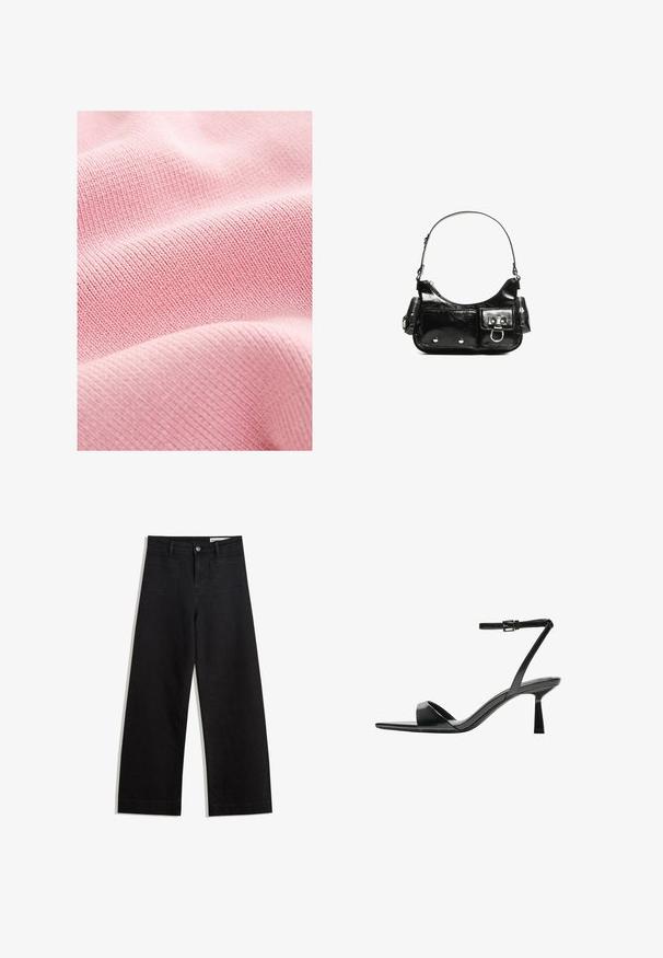 Pehmeä vaaleanpunainen kangas, jossa on ribbitekstuuri ja kapeat kudotut viivat, jotka luovat tasaisen kuvion pinnalle.; Mustat leveät farkut korkealla vyötäröllä, joissa on etu- ja takataskut, ommellut saumat ja nappisuljenta. Silkinoinen rakenne.; Bershka Korolliset sandaalit - black; Mustekko mustasta kiiltonahasta valmistettu käsilaukku, jossa on kaareva muoto, yksi olkahihna, etutaskut ja hopeanväriset yksityiskohdat.