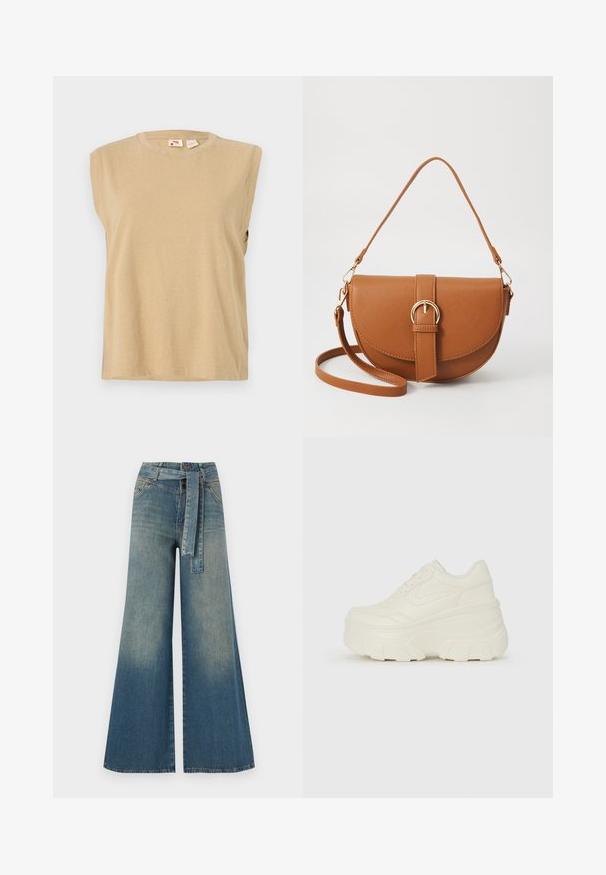 Beige mouwloos topje van zachte stof, met een ronde halslijn en een losse pasvorm met minimale stikseldetails.; Wijduitlopende denim broek met een lichte naar donkere blauwe gradient, hoge taille, riemlussen en een bijpassende stoffen riem. Gestructureerde denimafwerking.; Witte platform sneakers met een gladde leren bovenkant, afgeronde vorm, gewatteerde kraag en een gestructureerde rubberen zool met duidelijke profiel.; Bruine leren schoudertas met een gebogen vorm, gouden hardware en een gespaccent. Bevat een afneembare schouderriem.