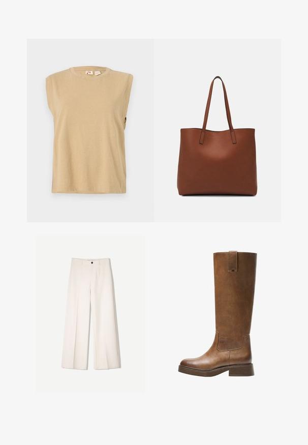 Top beige senza maniche realizzato in tessuto morbido, con scollo rotondo e vestibilità rilassata, minimo dettaglio di cucitura.; Pantaloni larghi color crema con design sartoriale, dotati di due tasche frontali e una chiusura con bottone anteriore, realizzati in tessuto liscio.; Stivale marrone in pelle alto fino al ginocchio, con punta tonda, superficie testurizzata e tacco basso impilato. Presenta un pannello laterale e una linguetta di apertura in cima.; Borsa tote in pelle marrone con texture liscia, design con apertura superiore e due spallacci. Presenta cuciture minime e nessun hardware visibile.