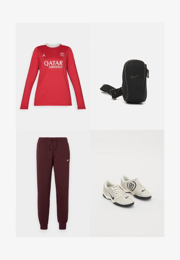 Červený dlhý rukáv dres vyrobený z syntetického materiálu, s bielym golierom a pruhmi na bokoch, s potlačenými logami Qatar Airways a Paríž.; Bordové tepláky s elastickým pásom a šnúrkou. Majú rebrované manžety a malé biele logo Nike na ľavom stehne. Hladká textúra.; Nike tenisky s béžovým a šedým štruktúrovaným zvrškom, čiernymi akcentmi, veľkým logom "90" a bielym šnurovaním. Čierna podrážka.; Čierny Nike puzdro so zipsovým uzáverom, textúrovaná látka, hnedé akcenty a odnímateľný popruh. Na prednej strane je umiestnené výrazné logo Nike.