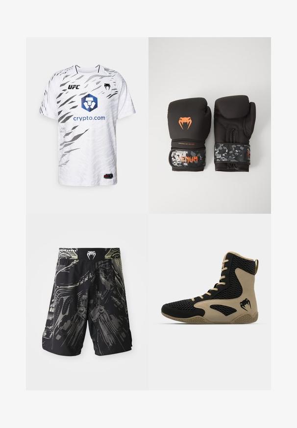 Vit kortärmad skjorta med ett grafiskt svart mönster. Visar UFC-logotypen och en blå hexagonal logotyp med texten "crypto.com" på framsidan.; Svart shorts med en flerfärgad grafisk tryck som visar mekaniska mönster. Elastisk midja med en logotyp bak. Lättviktig tyg.; Högskuren спортивна sko med en svart nätutsida och beige accenter. Texturerad gummisula och logodetalj på sidan.; Svarta boxningshandskar med matt yta och ergonomisk design. Orange logotypdetaljering och handledsremmar med kamouflage-mönster.
