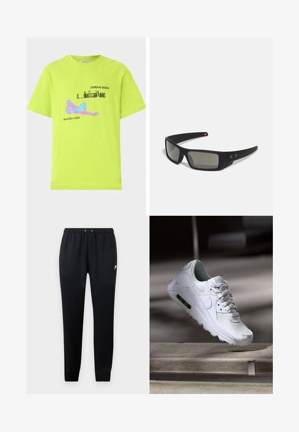 T-shirt de algodão verde limão com impressão gráfica que apresenta elementos azuis e rosa, texto e um corte descontraído. Mangas curtas e gola redonda.; Calças de moletom pretas feitas de um tecido macio, com uma cintura elástica e cordões, punhos nas pernas e um pequeno detalhe do logo de lado.; Sapatilha Nike Air Max 90 branca com parte superior em malha e couro, caixa de dedos perfurada e uma unidade de ar visível no calcanhar.; Óculos de sol pretos com acabamento mate, lentes retangulares, leve curvatura nas hastes, detalhe sutil do logo e lentes de cor fumada.