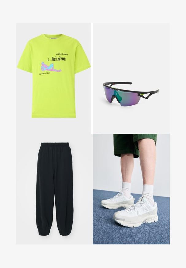 Camiseta de algodón verde lima con un estampado gráfico que incluye elementos azules y rosas, texto, y un corte holgado. Mangas cortas y cuello redondo.; Pantalones de chándal negros con cintura elástica, de corte holgado, con puños en los tobillos, textura suave y sin patrones visibles ni acentos metálicos.; Zapatillas deportivas blancas con superposiciones texturizadas, una suela gruesa y acentos grises. Llevadas con calcetines blancos hasta la pantorrilla y pantalones cortos verdes sobre una superficie azul.; Gafas de sol deportivas con montura negra, grandes lentes degradados con tonos púrpuras y verdes, y acentos de diseño angulares con detalles de logotipo.
