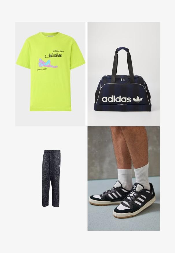 Laimiai žalia medvilninė marškinėliai su grafiniu spaudiniu, kuriame yra mėlynų ir rožinių elementų, tekstas ir laisvas kirpimas. Trumpomis rankovėmis ir apvaliu iškirpimu.; Juodi sportiniai keliai su leopardų raštu, su baltu trijų juostų dizainu ir sportinės prekinio ženklo logo šone.; Juodos ir baltos sportinės bateliai su zomšiniu ir odiniu viršumi, su trimis baltomis juostelėmis, perforuota koja ir guminėmis padais.; Navy spalvos sportinis krepšys su baltu Adidas logotipu, turintis užtrauktuką viršuje, du tvirtus juodus rankenėles ir šonines tinklines kišenes. Sklandus audinio tekstūros paviršius.
