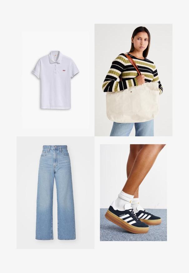 Camisa polo branca de algodão, com colarinho clássico, abertura com três botões e um pequeno logótipo vermelho da Levi's no lado esquerdo do peito.; Jeans de cintura alta e perna larga em azul claro, com fecho frontal de botão e zíper, bolsos frontais e traseiros, sobre um fundo branco.; Ténis de camurça preta com riscas e detalhes brancos, biqueira arredondada, sola em borracha cor de goma, combinados com meias brancas caneladas até à altura do tornozelo.; Grande bolsa de lona bege com alças de couro castanho, apresentando um design minimalista e costuras visíveis como destaque.