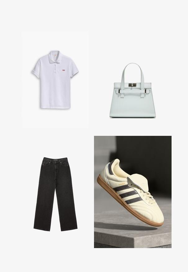 Valkoinen puuvillapaita, jossa on klassinen kaulus, kolmen napin etusulku ja pieni punainen Levi's-logo vasemmassa rinnassa.; Mustat leveät farkut, jotka on valmistettu denimestä ja joissa on pieniä pistekuvioita, perinteinen viisi-taskuinen muotoilu sekä nappi- ja vetskarihyttys.; Kreemivärvi nahast tennisekad, millel on kolm tumedat triipu, pruun kummist tald ja ümar varvas. Omab volditavat keelt, millel on silt "SAMBA."; Vaaleansininen käsilaukku, jossa on jämäkkä muotoilu, kaksi kahvaa ja hopeanvärinen kiinnitys. Pinta on teksturoitu ja kulmat terävät.