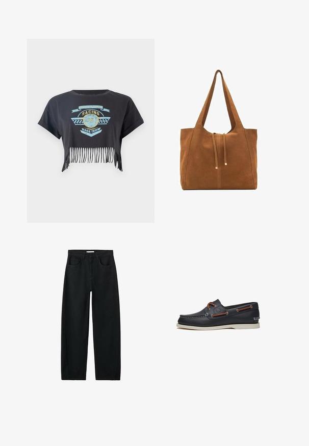 Svart kortärmad t-shirt med fransad nederkant. Har en blå och gul grafisk tryck med "RACING" och schackrutiga detaljer på framsidan.; Svarta jeans med hög midja och raka ben, framfickor, bältesringar och synliga sömmar mot en vit bakgrund.; Mörkblå läderskor för båt med bruna snörningar och öglor, vit gummisula och stickade detaljer längs den övre kanten.; Brun mockaläders toteväska med två långa remmar, dragsko-stängning och minimalistisk design. Slät textur och inga synliga metallaccenter.