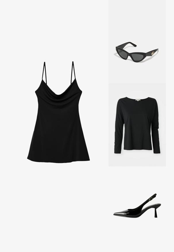 Sort langærmet crewneck t-shirt med afslappet pasform og sænkede skuldre, præsenteret på en hvid baggrund.; Sort ærmeløs top med en cowl-halsudskæring, lavet af glat stof. Har tynde justerbare stropper og en svajet, flydende silhuet.; Sorte patenterede lædersandaletter med spids tå, udskårne sider, justerbar ankelstrop og en tynd, slank hæl.; Cat-eye solbriller med en mat sort kunststoframme, mørke linser og en guldfarvet logoaccent på stænger. Vinklet design og glat overflade.; Michael Kors håndleddstropp i beige belagt lær med et gentaget MK-logo mønster, guld hardware og en aftagelig kædestrop.
