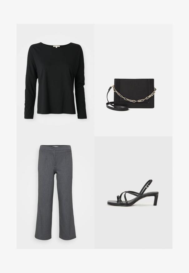 Schwarzes Langarm-T-Shirt mit Rundhalsausschnitt, locker sitzend und mit abgesenkten Schultern, auf einem weißen Hintergrund präsentiert.; Graue, taillierte Hosen mit flachem Bund, einem Knopfverschluss und weitem Bein. Glatte Textur mit einem subtilen, gewebten Muster.; Schwarze Sandale mit Riemchen, quadratischer Zehenform und niedrigem Blockabsatz. Verfügt über mehrere dünne Riemen und einen verstellbaren Knöchelriemen. Hergestellt aus glattem Leder.; Schwarze Leder-Crossbody-Tasche mit glatter Textur, rechteckiger Form und metallic-kettendetail auf der Vorderseite. Verstellbarer Gurt inklusive.