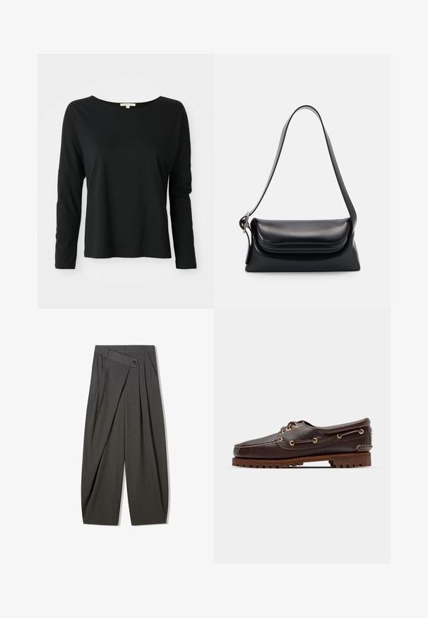 Černé triko s dlouhým rukávem a kulatým výstřihem, volného střihu a s nízkými rameny, vystavené na bílém pozadí.; Šedé skládací kalhoty s vysokým pasem, které mají knoflíkovou manžetu a široké nohavice. Vyrobeno z hladké tkaniny.; Hnědé kožené lodní boty se zlatými očky, kulatými tkaničkami a texturovanou hnědou gumovou podrážkou. Obsahují zašitý detail a vyvýšené logo.; Černá kožená kabelka se strukturovaným tvarem, hladkým povrchem a jedním ramenním popruhem. Obsahuje jemně zaoblený design klopy.