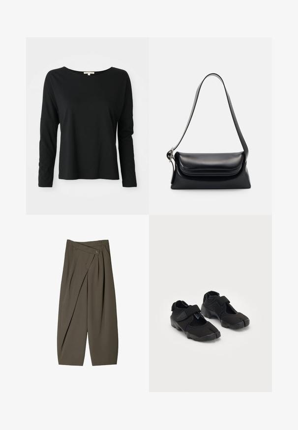 Zwart langemouwen crewneck shirt met een relaxte pasvorm en verlaagde schouders, weergegeven op een witte achtergrond.; Ruime broek in donkergroen stof, met een geplooide voorkant, een knoopsluiting en een gepolijste, gestructureerde afwerking.; Zwarte waterschoenen gemaakt van flexibel materiaal met een klittenbandsluiting, met een unieke gesplitste te ontwerpen en een rubberen zool met textuur voor grip.; Zwarte leren handtas met een gestructureerde vorm, een gladde textuur en een enkele schouderband. Heeft een subtiele, afgeronde klepontwerp.
