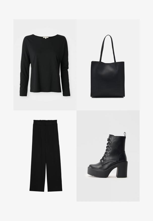 Sort langærmet crewneck t-shirt med afslappet pasform og sænkede skuldre, præsenteret på en hvid baggrund.; Sorte brede bukser med en rynket talje, der har to sidelommer og et glat, let stof. Ingen synlige mønstre eller hardware.; Sort læder ankelstøvle med en kraftig blokhæl, snørebånd foran og struktureret overflade. Har en flap på bagsiden for nem påtagning.; Sort læder tote taske med glat tekstur, rektangulær form og to lange hanke. Ingen synlig hardware eller udsmykninger.
