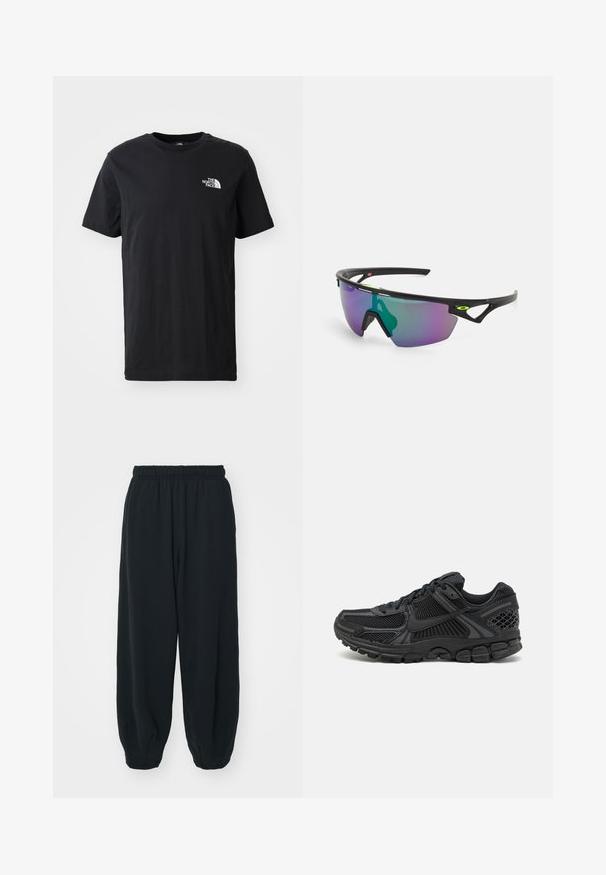 T-shirt de algodão preta com manga curta, decote redondo, apresentando um pequeno logótipo branco no lado esquerdo do peito. Textura suave, ajuste casual.; Calças de fato de treino pretas, com cintura elástica e um corte solto, com punhos nas pernas, textura suave e sem padrões visíveis ou detalhes de metal.; Sapatilha atlética preta com parte superior em malha, sola de borracha e toques texturizados. O design inclui um sistema de atacadores pronunciado e sola almofadada.; Óculos de sol desportivos com uma armação preta, lentes grandes em degrade com tons de roxo e verde, e detalhes em design angular com logótipo.