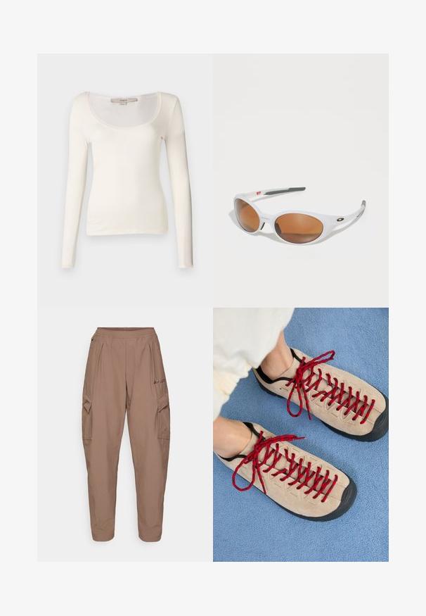 Langermet, kremfarget tettsittende topp med rund hals og ribbestruktur. Stoffet ser mykt og elastisk ut, ideelt for lag-på-lag styling.; Brune cargo bukser med elastisk talje, to sidelommer og et tekstureret stof. Har logo broderi på forsiden.; Beige sko med røde lisser, plassert på en blå teksturert overflate, delvis avslørende en persons ankel. Skoene har et sporty design.; Hvite solbriller med brune linser, oval form, laget av glatt plast, med grå detaljer på armene og en logo på rammen.