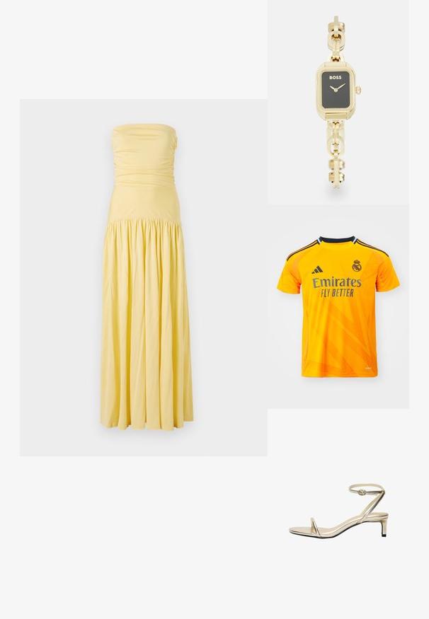 Pomarańczowy sportowy T-shirt wykonany z oddychającego materiału, z krótkimi rękawami, czarnymi akcentami i teksturowanymi ukośnymi wzorami. Wysoko umieszczone logo 'Emirates Fly Better'.; Długa sukienka bez ramiączek w miękkim żółtym materiale, z marszczeniem na górze i zbieraną spódnicą, charakteryzująca się zwiewną sylwetką i gładką fakturą.; Metaliczne złote sandały z wąskim paskiem na kostce, odkryty palec i niski, blokowy obcas. Charakteryzują się minimalistycznym designem i gładką teksturą.; Prostokątny zegarek w kolorze złotym z czarną tarczą, wykonany w formie bransoletki, z logo "BOSS". Posiada minimalistyczne wskazówki oraz koronę.; Złoty pierścionek w kształcie gwiazdy morskiej z białymi perłami i teksturowanymi detalami na korpusie, osadzony na gładkiej obrączce.
