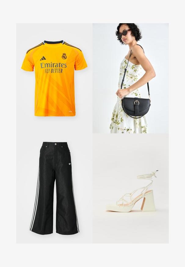 Maillot de sport orange en tissu respirant, avec des manches courtes, des accents noirs et des motifs diagonaux texturés. Logo 'Emirates Fly Better' affiché.; Pantalon en denim large noir avec trois accents de rayures blanches de chaque côté et un petit logo blanc. Dispose de poches avant et d'une fermeture à bouton.; Sandale blanche à talons hauts avec un talon épais, présentant un design à lanières et un lien autour de la cheville. Texture lisse avec une plateforme à l'avant pour une hauteur supplémentaire.; Sac à main en cuir noir avec une forme courbée, bandoulière amovible et des accessoires en or. Le sac est doté d'un rabat avec un détail de boucle.