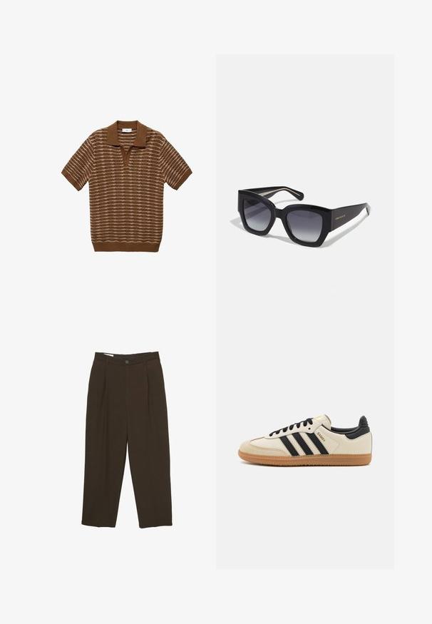 Brun stickad polo med korta ärmar, med texturerade ränder i ljusare nyanser. Krage, avslappnad passform, mjukt material.; Mörkbruna skräddarsydda byxor med veck fram, bälteshällor och knäppning i midjan.; Beige idrottssko med svarta ränder, gummigummi-sula och svarta detaljer. Har en slät läderöverdel och en rundad tåkonstruktion.; Svarta överdimensionerade solglasögon med en geometrisk ram, gradiente linser och kontrasterande färg på insidan av armarna. Logotyp synlig på sidan.