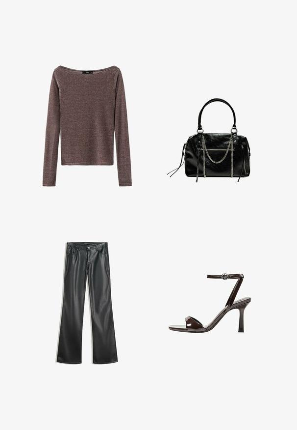Brązowa bluzka z długim rękawem i opadającą linią dekoltu, wykonana z błyszczącej, teksturowanej tkaniny. Prosty fason bez wzorów czy ozdób.; Czarne sztuczne skórzane spodnie w stylu dzwonów o gładkiej fakturze, pięcioma kieszeniami, zamkiem z przodu i kontrastowymi szwami.; Brązowe lakierowane skórzane sandały na wysokim obcasie z paskiem wokół kostki, otwartym noskiem i eleganckim, minimalistycznym designem. Posiadają kwadratowy obcas.; Bershka - Torebka