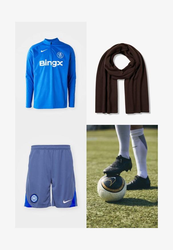 Blauwe sporttop met lange mouwen, gemaakt van lichtgewicht stof. Heeft een halflange ritssluiting, het Nike-logo en "Bingx" branding aan de voorkant.; Grijze sportshorts met een blauwe zijpaneel, voorzien van een zwart en blauw logo op het linkerpoot en een witte Nike swoosh aan de rechterkant.; Zwarte voetbalschoen op een wit en zwart gemusterd voetbals, rustend op groen gras. De schoen heeft een gestructureerd materiaal en veters.; FALKE Basic Fine Knit Unisex - Sjaal - dark brown