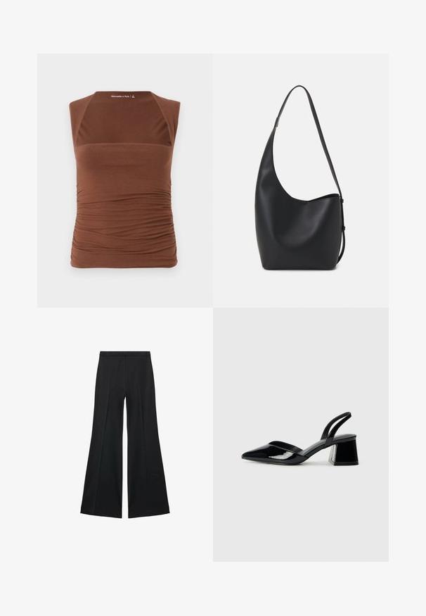 Top senza maniche marrone realizzato in tessuto elastico, con un design aderente caratterizzato da una texture arricciata lungo i lati e una finitura liscia nella parte frontale.; Pantaloni neri a gamba larga con una texture liscia, caratterizzati da pieghe frontali e un design sartoriale. Il tessuto è leggero e fluido.; Décolleté in vernice nera con punta affusolata e tacco in geometria cubica. Presentano un design elegante e minimalista, con una texture liscia.; Borsa hobo nera in pelle con una superficie liscia, forma curvata e una singola tracolla regolabile; presenta un'ampia apertura nella parte superiore.
