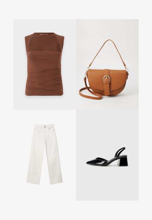 Smeđa majica bez rukava izrađena od rastezljivog materijala, s prilagođenim krojem koji ima nabranu teksturu sa strane i glatku završnicu sprijeda.; Bijele široke traperice od denima, s visokim strukom, dizajnom od pet džepova i metalnim zatvaračem. Glatka tekstura, bez uzoraka.; Crne lakirane kožne sandale s otvorenom petom i špicastim vrhom, s geometrijskom blok petom. Imaju elegantan, minimalistički dizajn i glatku teksturu.; Smeđa kožna torba preko tijela s zakrivljenim oblikom, zlatnim metalnim detaljima i naglaskom na kopču. Ima odvojivu naramenicu.